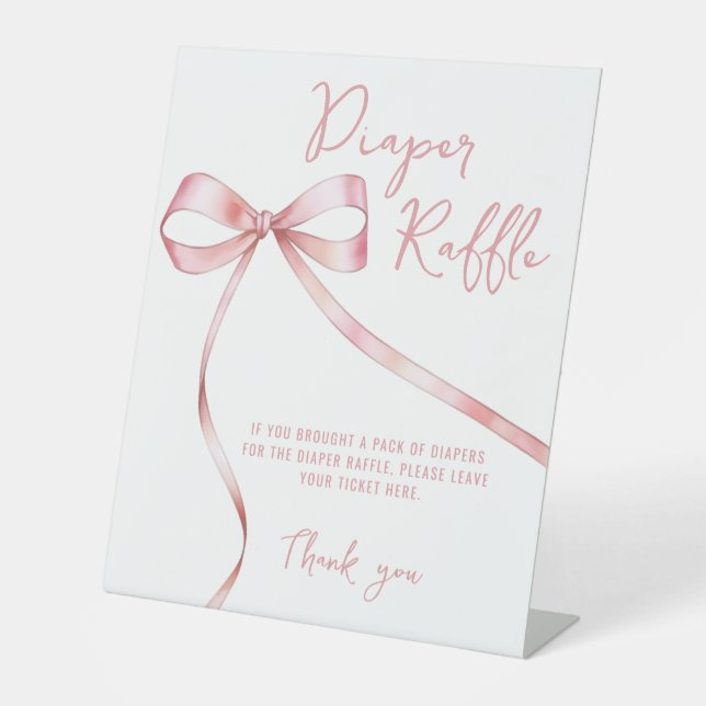 Simple Pink Bow Girl Baby Shower Diaper Raffle Pedestal Sign (Front)
