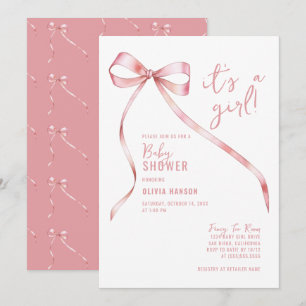 Simple Pink Bow Girl Baby Shower Invitation