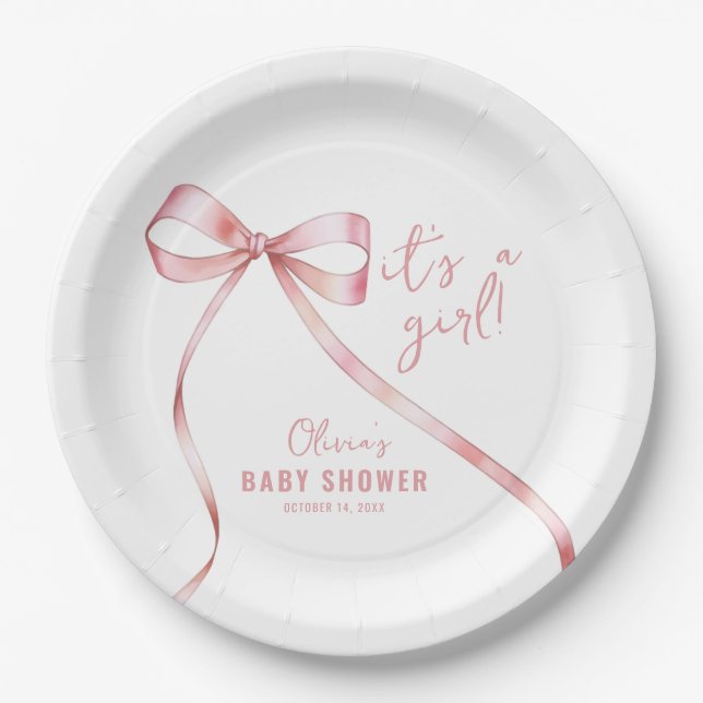 Simple Pink Bow Girl Baby Shower Paper Plate (Front)