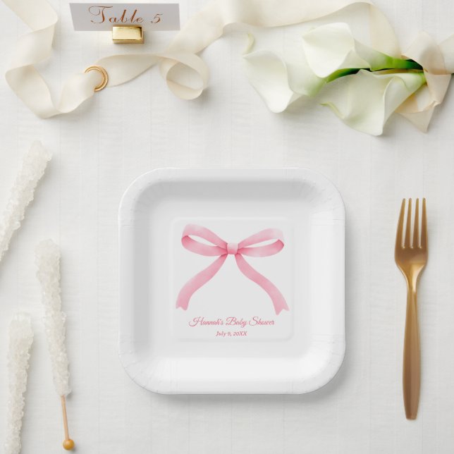 Simple Pink Bow Girly Baby Shower Paper Plate (Wedding)