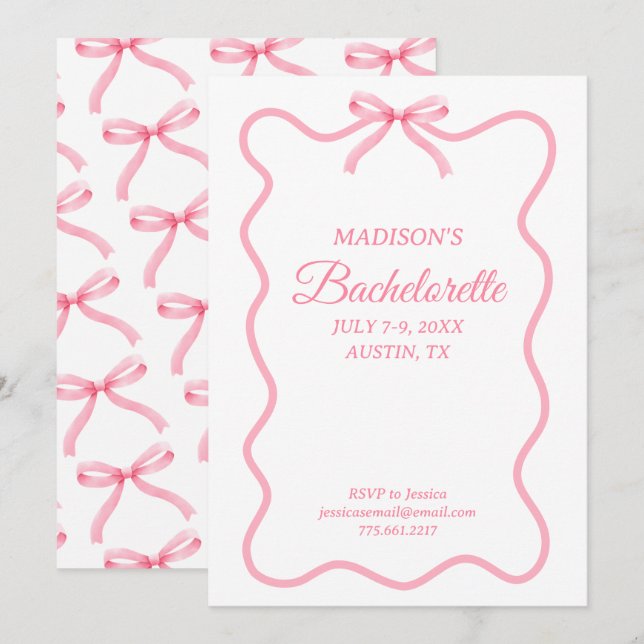 Simple Pink Bow Girly Bachelorette Party Invitation (Front/Back)