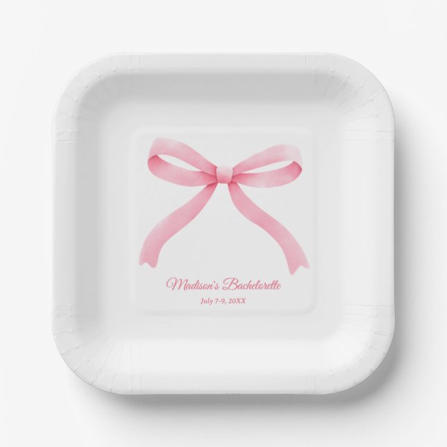 Simple Pink Bow Girly Bachelorette Party  Paper Plate (Front)