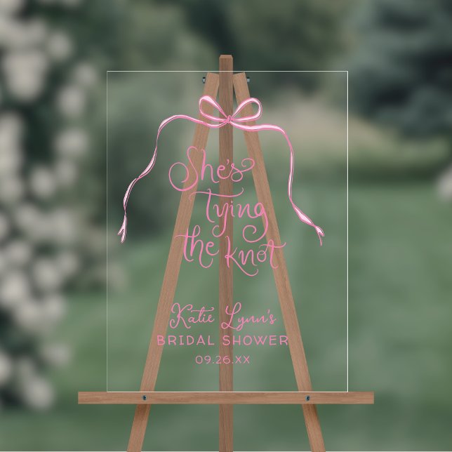 Simple Pink Bow Tying the Knot Bridal Shower Acrylic Sign (Shown on an 18" x 24" sign)