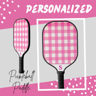 Simple Pink Chequered Gingham Personalised  Pickleball Paddle