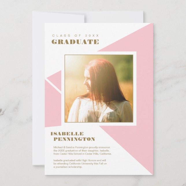 Simple Pink Colour Block Triangles Graduation Announcement (Front)