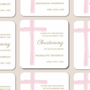 Simple Pink Cross Christening Baptism Thank You Square Sticker
