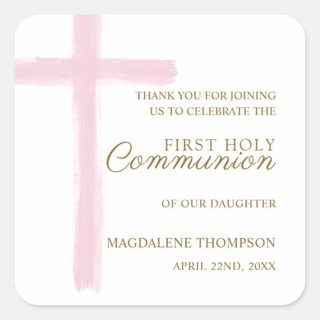 Simple Pink Cross First Holy Communion Thank You Square Sticker (Front)