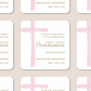 Simple Pink Cross First Holy Communion Thank You Square Sticker