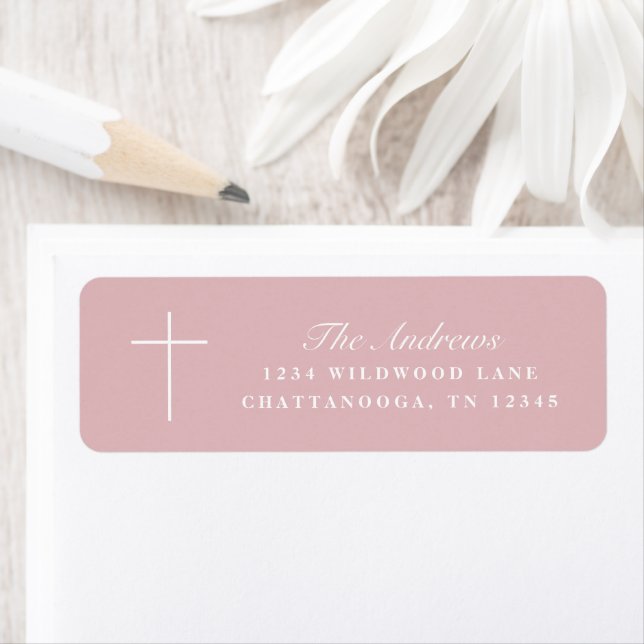 Simple Pink Cross Script Baptism Return Address (Insitu)