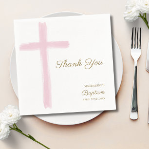 Simple Pink Cross Thank You Baptism Napkin
