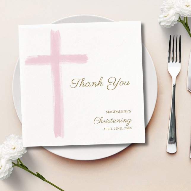 Simple Pink Cross Thank You Christening Baptism  Napkin (Creator Uploaded)