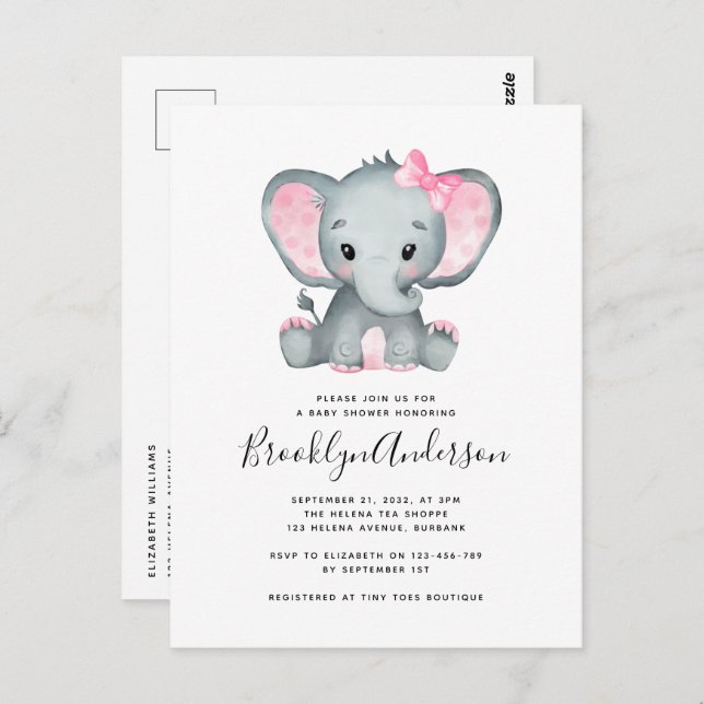 Simple Pink Elephant Baby Shower Invitation Postcard (Front/Back)