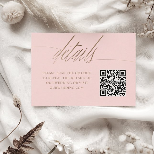 Simple Pink & Faux Gold QR Wedding Details Enclosure Card (Creator Uploaded)