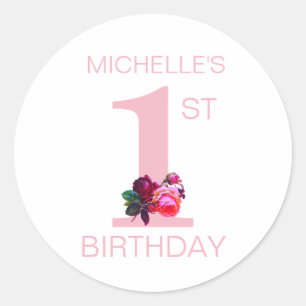 Simple Pink First Birthday with Roses and Name Classic Round Sticker