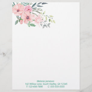 Simple Pink Floral and Botanicals Arrangement Custom Letterhead