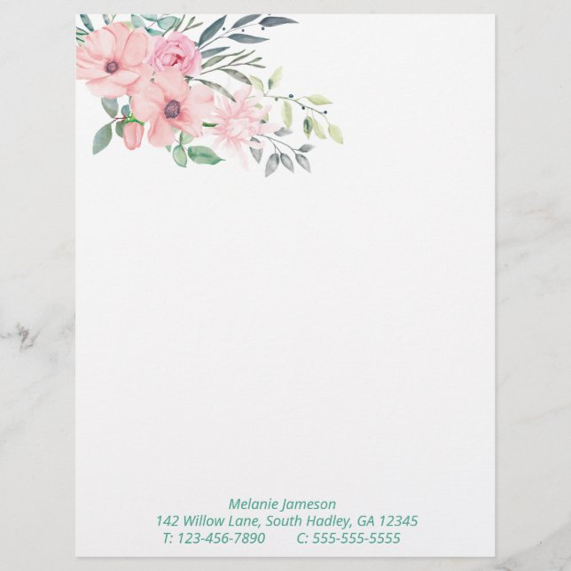 Simple Pink Floral and Botanicals Arrangement Custom Letterhead (Front)