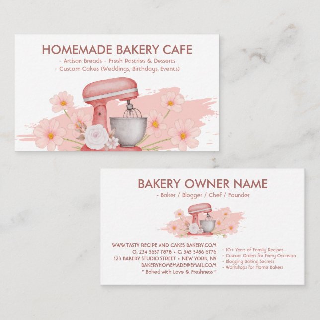 Simple Pink Floral Cake Bakery Business Card (Front/Back)
