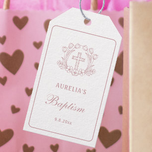 Simple Pink Floral Cross Baptism Gift Tags