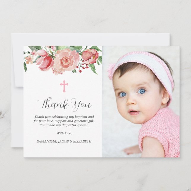 Simple Pink Floral Girls Baptism Thank You Card (Front)