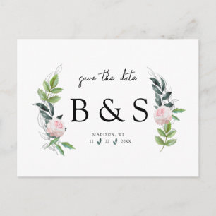 Simple Pink Floral Monogram Wedding Save The Date Postcard