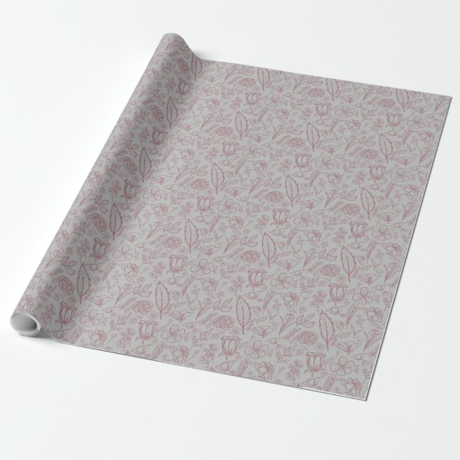 Simple Pink Floral on Grey | Wrapping Paper (Unrolled)