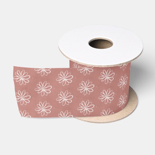 Simple Pink Floral Rustic Hand Drawn Satin Ribbon (Spool)