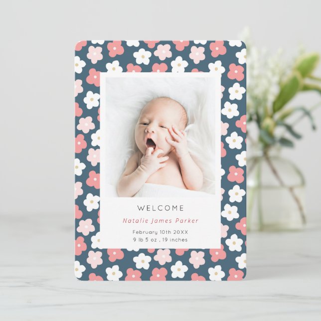 Simple Pink Floral Watercolor Cute Birth Announcement (Standing Front)
