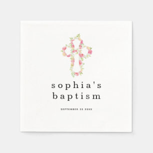 Simple Pink Florals Cross Name Date Girl Baptism N Napkin