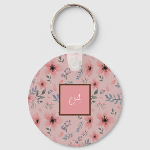 Simple Pink Flower Pattern Boho Vintage Monogram Key Ring