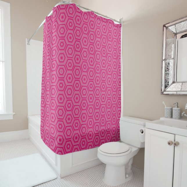 Simple Pink Geometric Hexagonal Patterned Shower Curtain (In Situ)