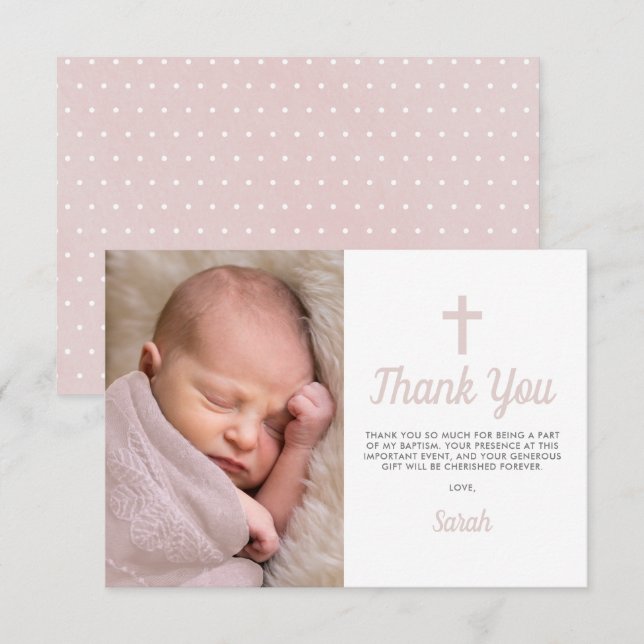 Simple Pink Girl Baptism Christening Photo Thank You Card (Front/Back)