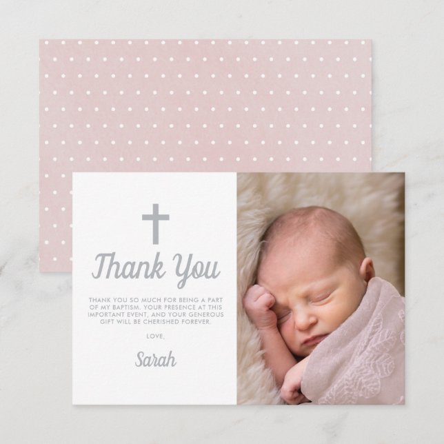 Simple Pink Girl Baptism Christening Photo Thank You Card (Front/Back)