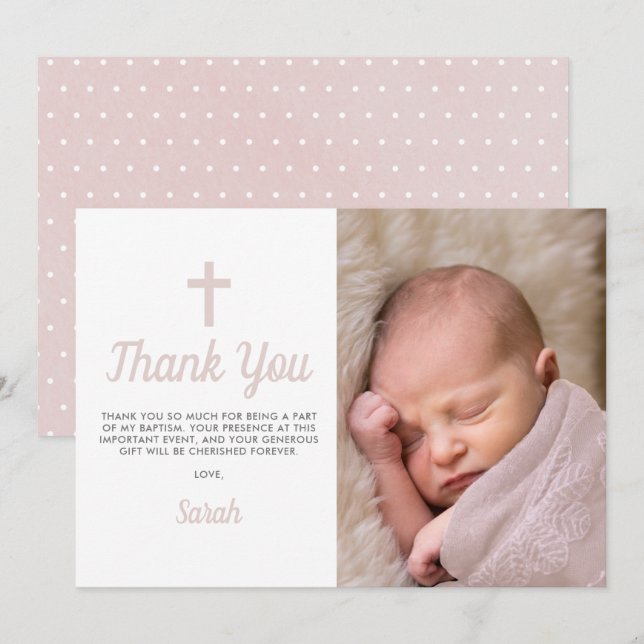 Simple Pink Girl Baptism Christening Photo Thank You Card (Front/Back)