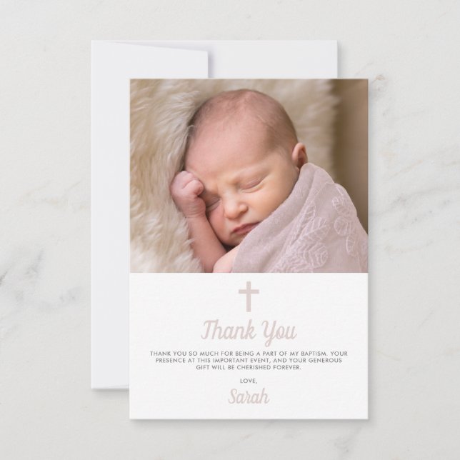 Simple Pink Girl Baptism Christening Photo Thank You Card (Front)