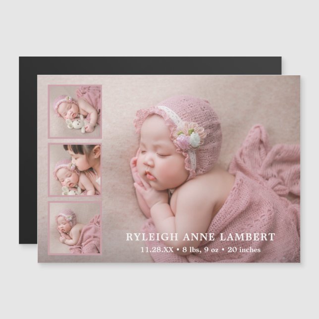 Simple Pink Girl Photo Collage Birth Announcement (Front/Back)