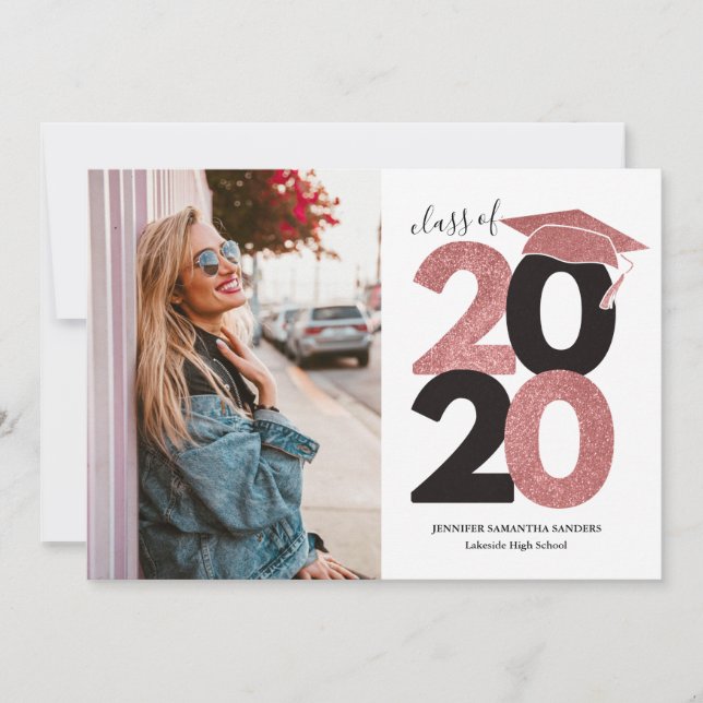 Simple Pink Glitter Girly Cap Photo Graduation Announcement (Front)