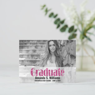 Simple Pink Glitter Photo Graduation Announcement  Postcard