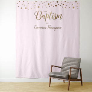 Simple Pink Gold Confetti Baptism Backdrop Tapestry