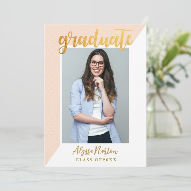 Simple Pink Gold Confetti Photo Graduation Party Invitation (Standing Front)