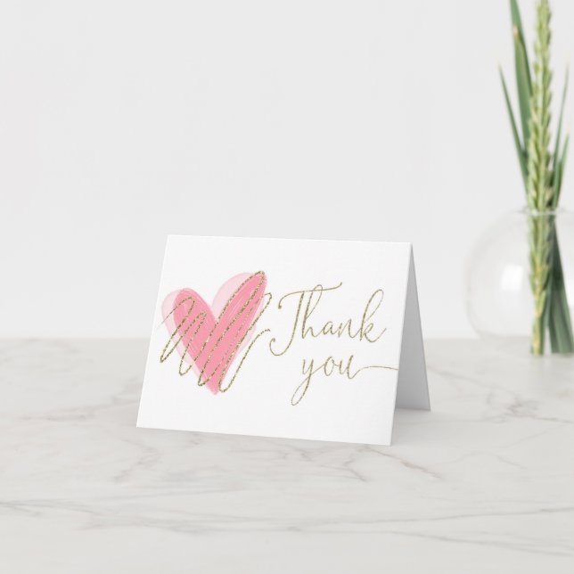 Simple pink gold watercolor hearts thank you card (Front)