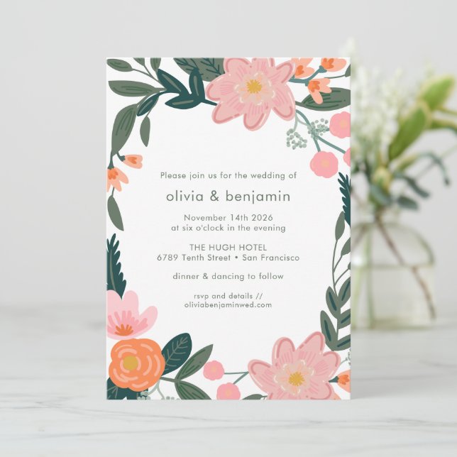 Simple Pink Green Backyard Garden Floral Wedding Invitation (Standing Front)