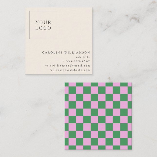 Simple Pink Green Checkerboard Your Logo Custom Square Business Card (Front/Back)