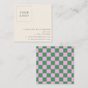 Simple Pink Green Chequerboard Your Logo Custom Square Business Card