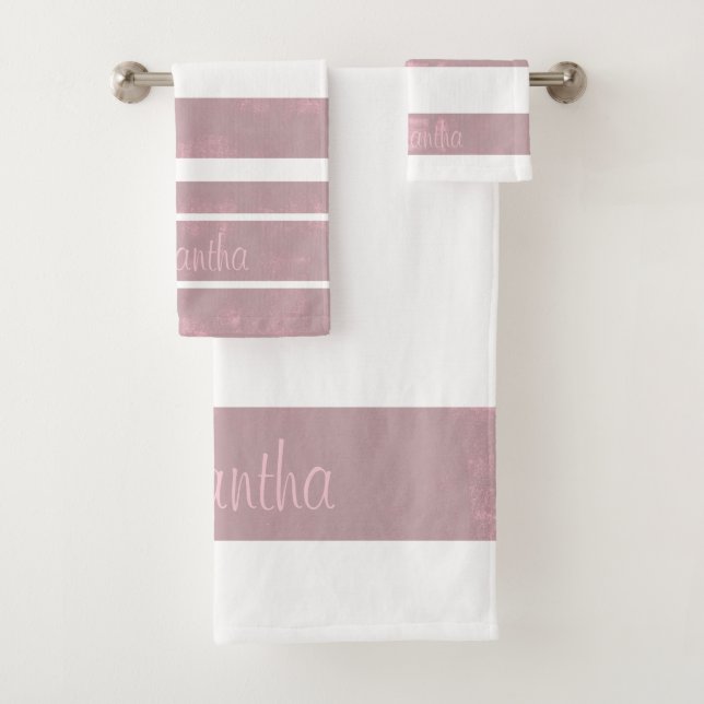 Simple Pink Grey Mallow striped Your Name White Bath Towel Set (Insitu)