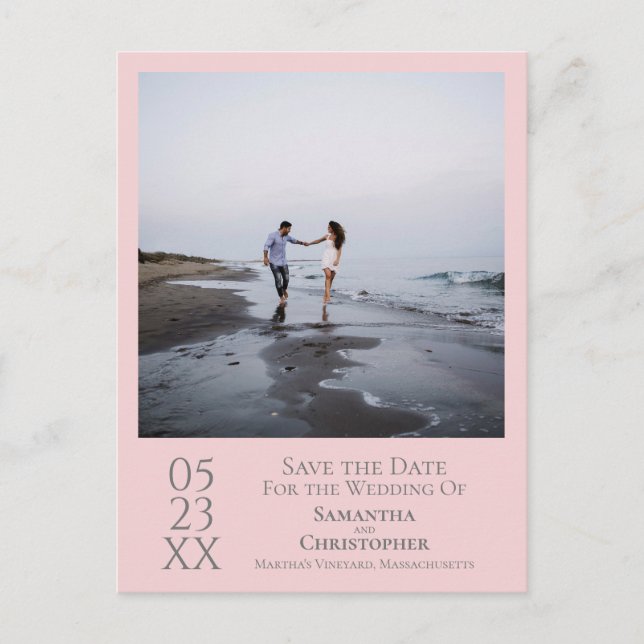Simple Pink & Grey Wedding Save the Date Photo Postcard (Front)