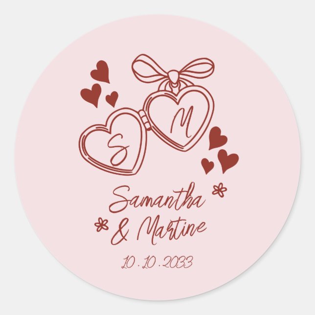 Simple Pink Handwritten Whimsical Doodle wedding Classic Round Sticker (Front)