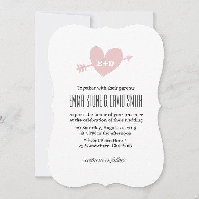 Simple Pink Heart & Arrow Love Wedding Invitations (Front)