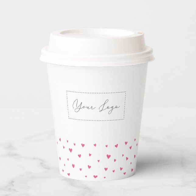 Simple Pink Heart Pattern Business Logo Custom Paper Cups (Front)