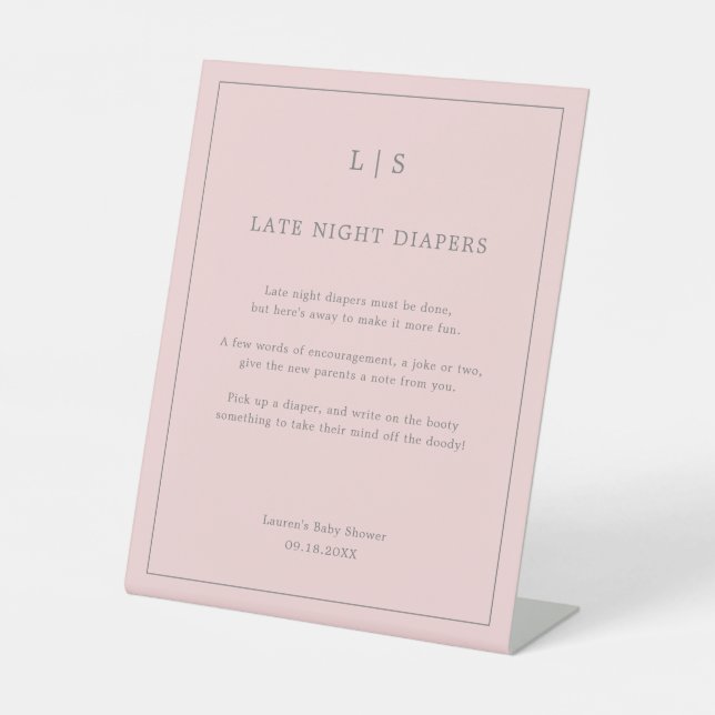 Simple Pink Late Night Diapers Baby Shower Game Pedestal Sign (Front)