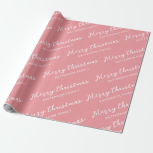 Simple Pink Merry Christmas Family Name Wrapping Paper